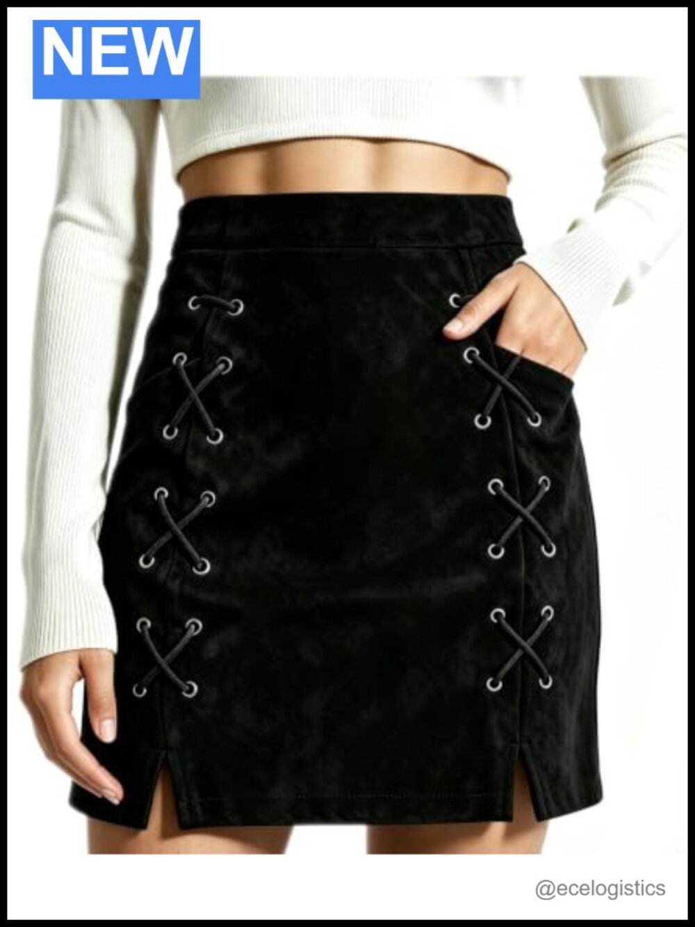 High Waist Faux Suede Side Slit Lace Up Bodycon Mini Skirt
